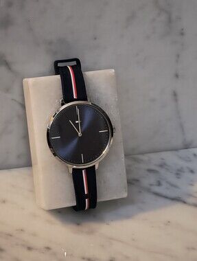 Tommy Hilfiger Women's Watch Black Dial NATO Stripe Strap Silver Case Needs Batt
